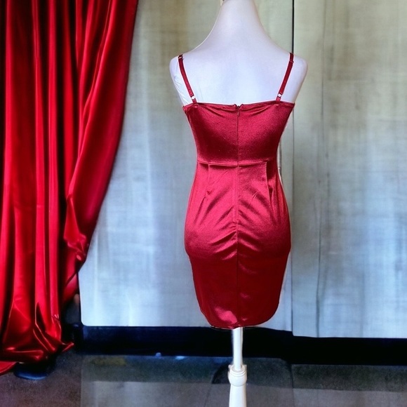 Red satin mini dress corset front ties padded bra adjustable straps ruched Sz S - Picture 10 of 14